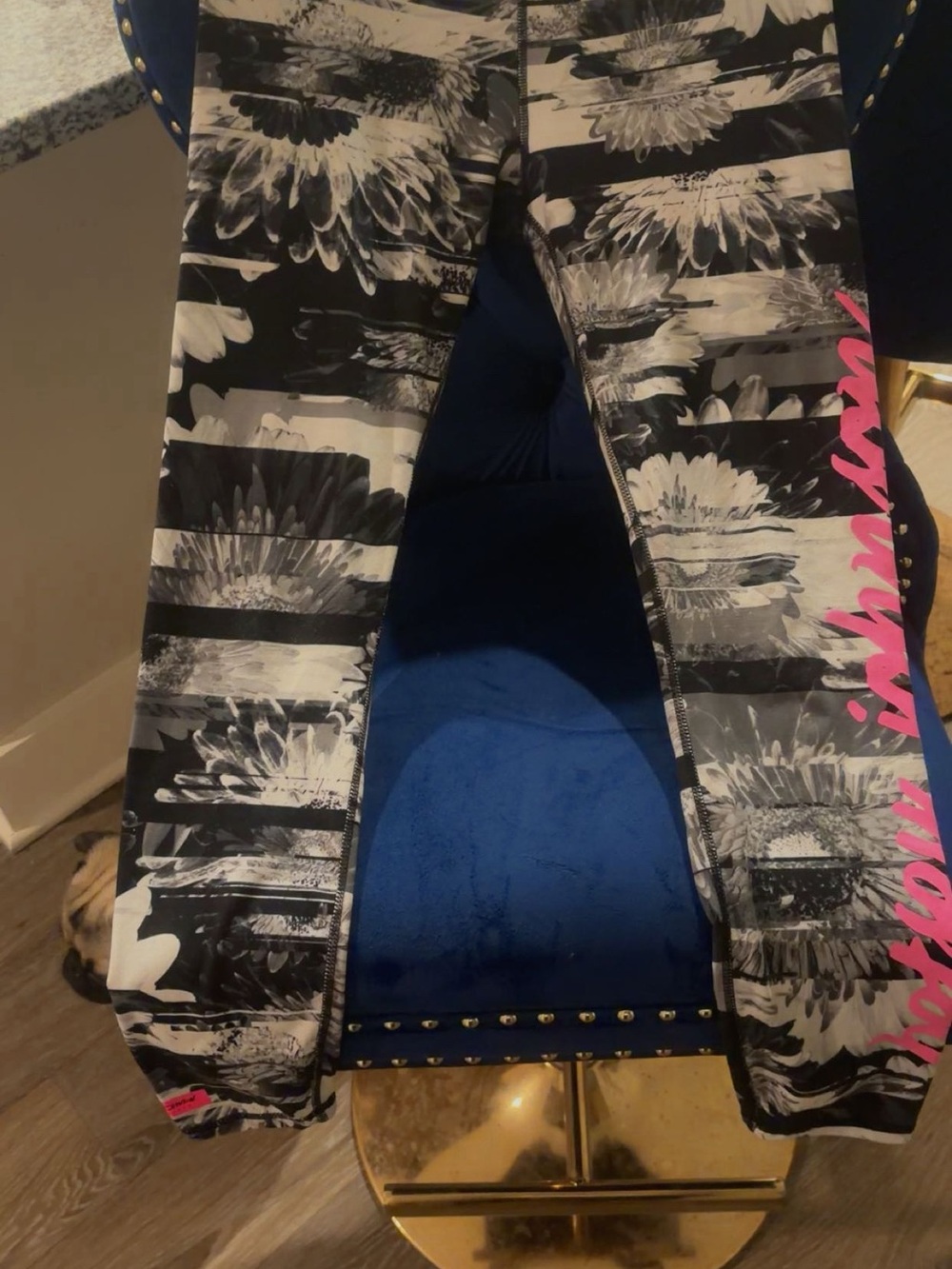 Betsey Johnson Black & White Floral Stripe Leggings with Pink Script Accent